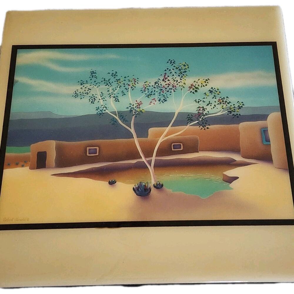 Robert Arnold 1990 Southwest Tile Painting 8 x 8" MIDDLE TREE Adobe Folk Art